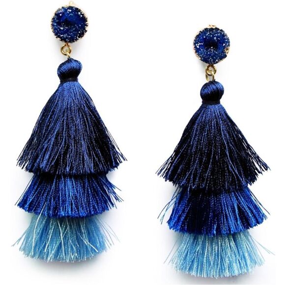 14K Yellow Gold with Blue Ombre Silk Thread Tassel and Quartz Druzy Earrings